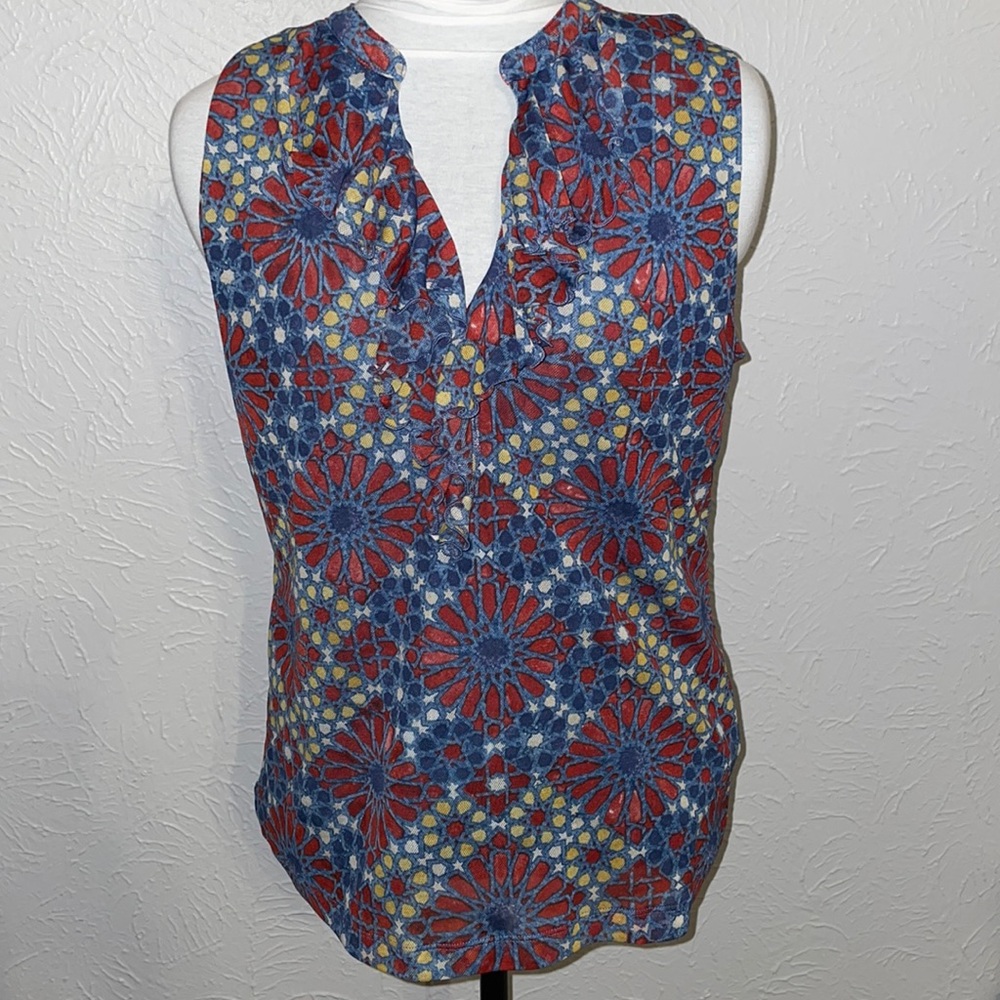 CHAPS Women’s Floral Pullover Size XL Red White Blue Yellow Ruffle V Neck